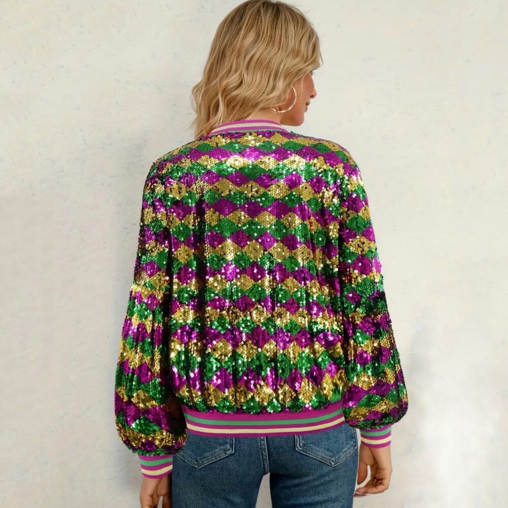 NEW Sequin Bomber Jacket M Mardi Gras New Orleans Purple Green Gold Glitter Rave - Picture 2 of 6
